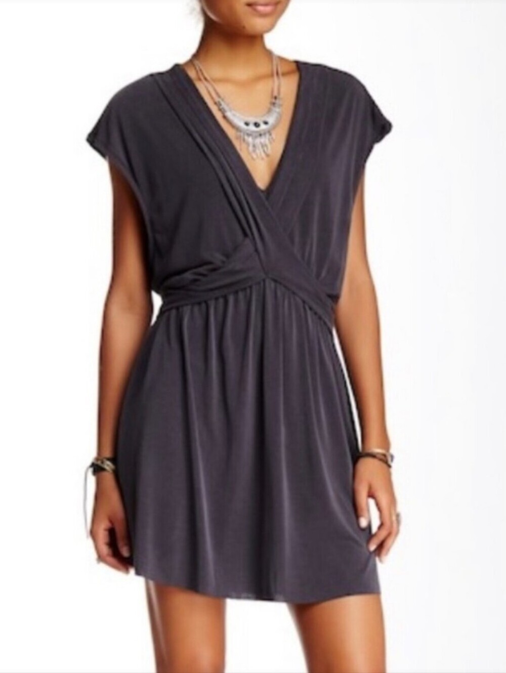 Free People Cupro Criss-Cross Charcoal Gray Mini Dress Sz M